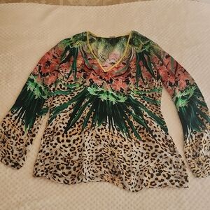 Elie Tahari Tan and Brown V-Neck Blouse